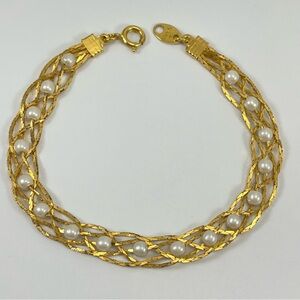 Vintage Avon Gold Tone Braided Chain Faux Pearl Bracelet Elegant Fashion Bridal